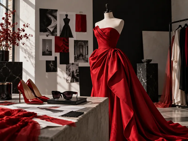 A red couture gown on a mannequin