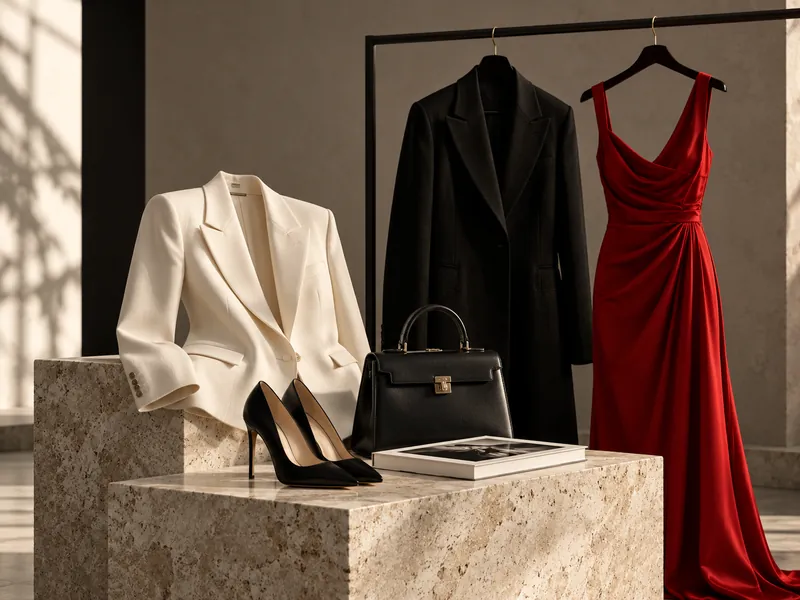 Product only: blazer, coat, red dress, heels and bag