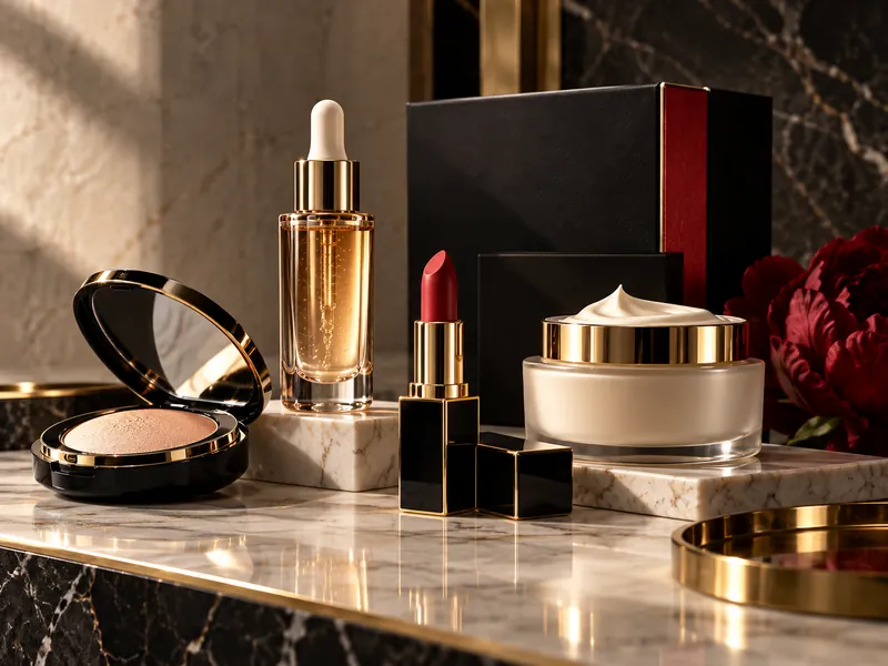Compact, serum, lipstick and cream jar on marble