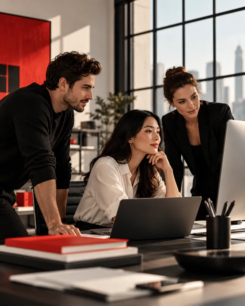 A team working through a problem around a laptop