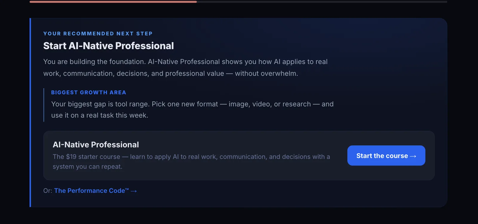 Gets one recommended next step: The Performance Code screen