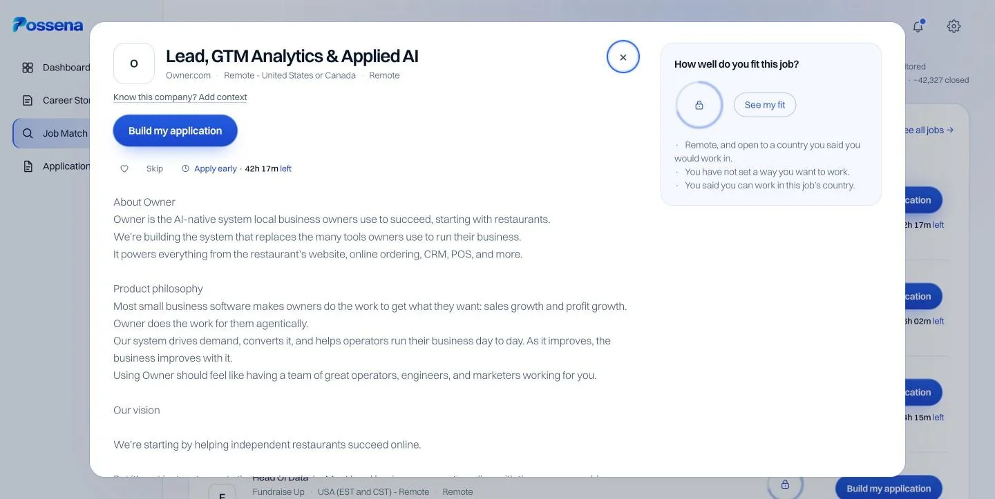 Possena job page, desktop
